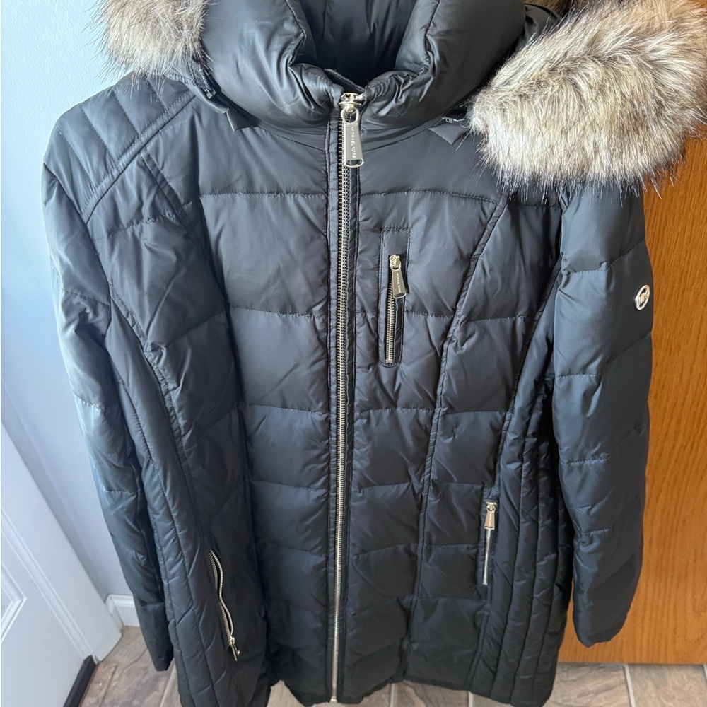 Olive Quilted Coat with Faux Fur Hood